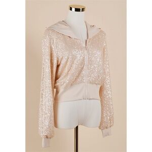 Sz M Susana Monaco Sequin Hooded Cropped Bomber Jacket In Belgian Creme NWT